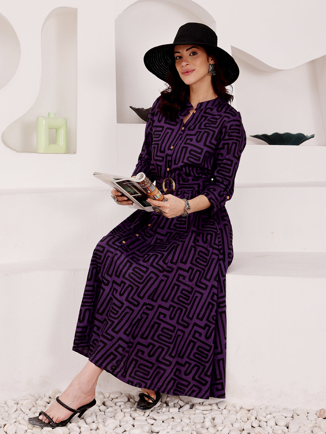 dark purple midi dress Deep Purple Geometric Printed Midi Dress With Belted Waist – Aeriva