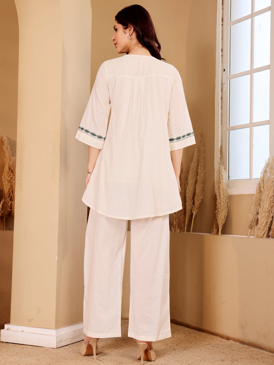 Ivory White Embroidered Co-Ord Set With Green Botanical Motif