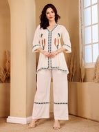 Ivory White Embroidered Co-Ord Set With Green Botanical Motif