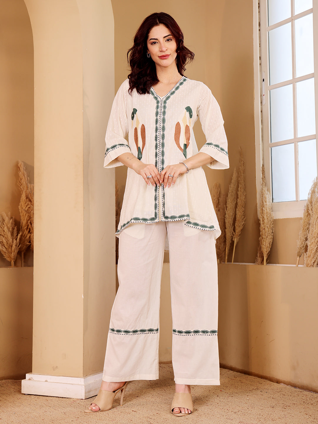 Ivory White Embroidered Co-Ord Set With Green Botanical Motif