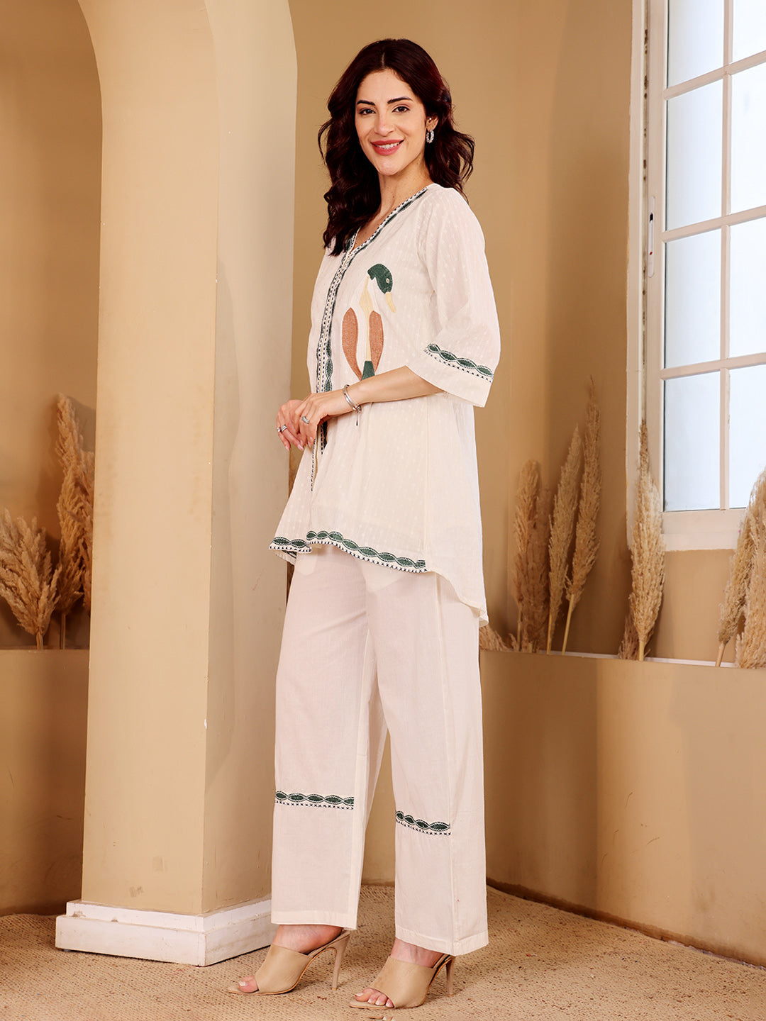 Ivory White Embroidered Co-Ord Set With Green Botanical Motif