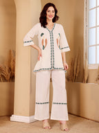 Ivory White Embroidered Co-Ord Set With Green Botanical Motif
