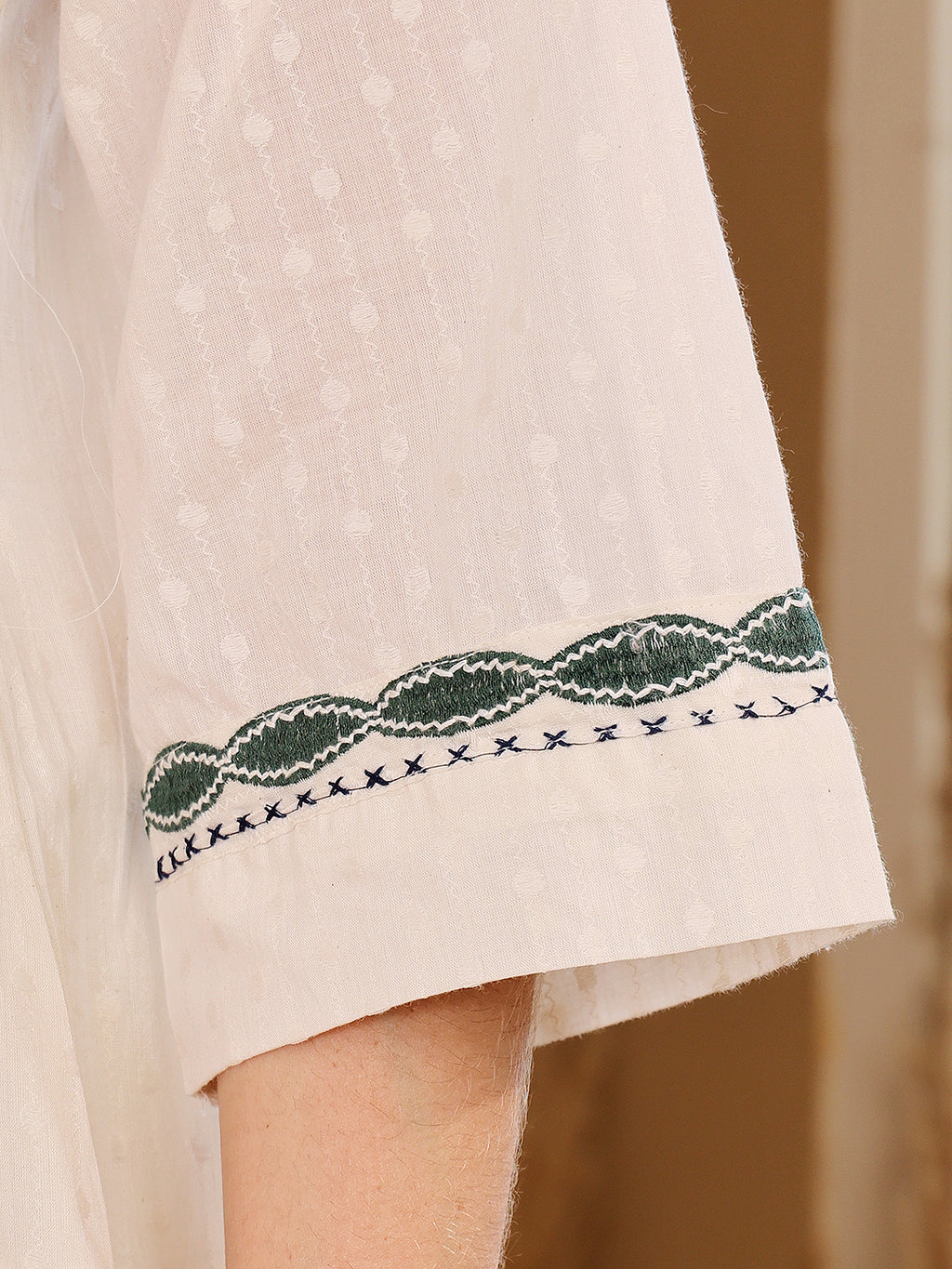 Ivory White Embroidered Co-Ord Set With Green Botanical Motif