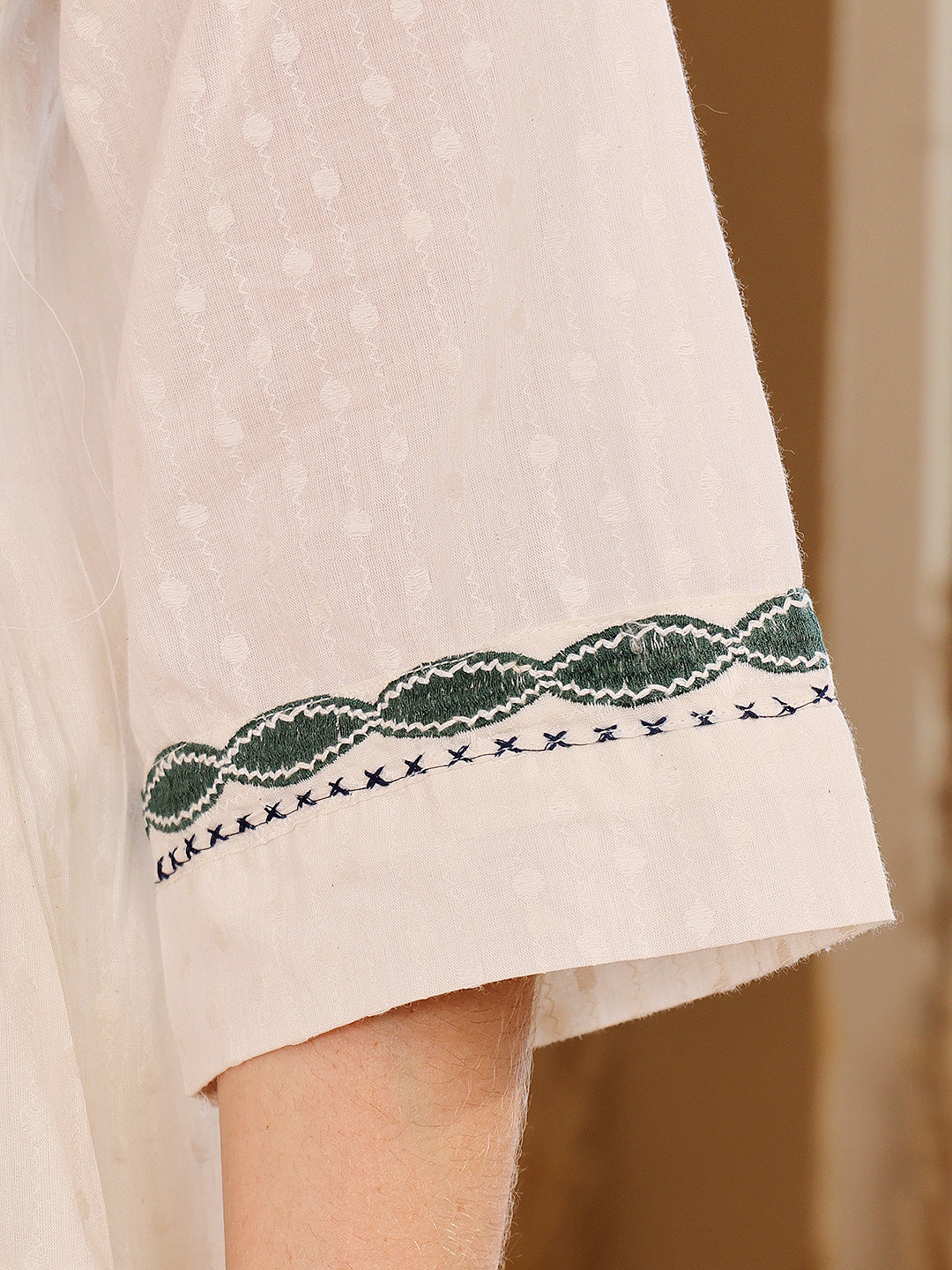 Ivory White Embroidered Co-Ord Set With Green Botanical Motif