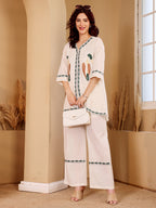 Ivory White Embroidered Co-Ord Set With Green Botanical Motif
