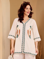 Ivory White Embroidered Co-Ord Set With Green Botanical Motif