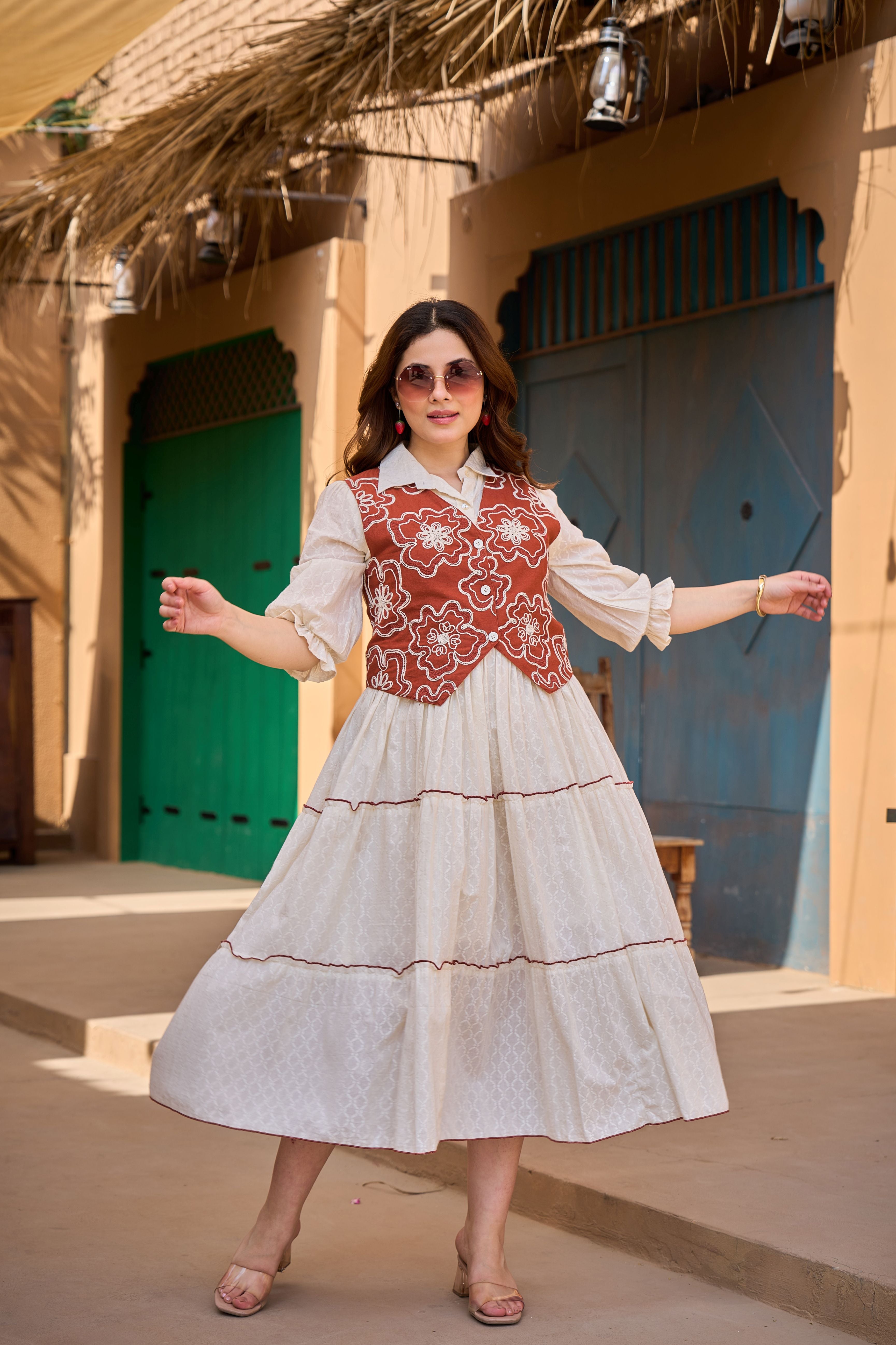 Rust Bloom Layered Midi Dress
