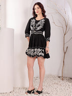 Black Embroidered Dress With White Trim For Women