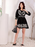 Black Embroidered Dress With White Trim For Women