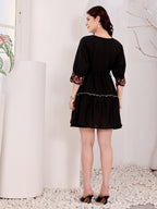 Black Embroidered Boho Mini Dress With Floral Details
