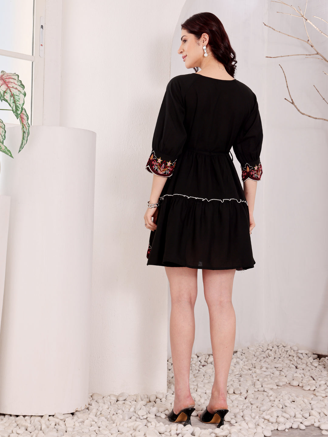 Black Embroidered Boho Mini Dress With Floral Details