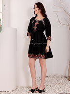 Black Embroidered Boho Mini Dress With Floral Details