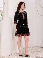 Black Embroidered Boho Mini Dress With Floral Details