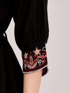 Black Embroidered Boho Mini Dress With Floral Details