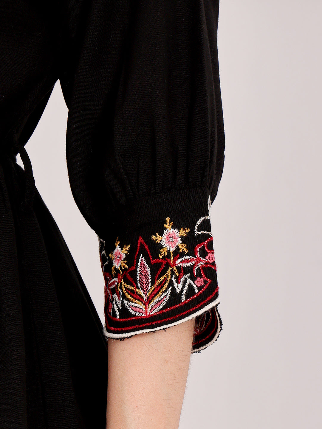 Black Embroidered Boho Mini Dress With Floral Details