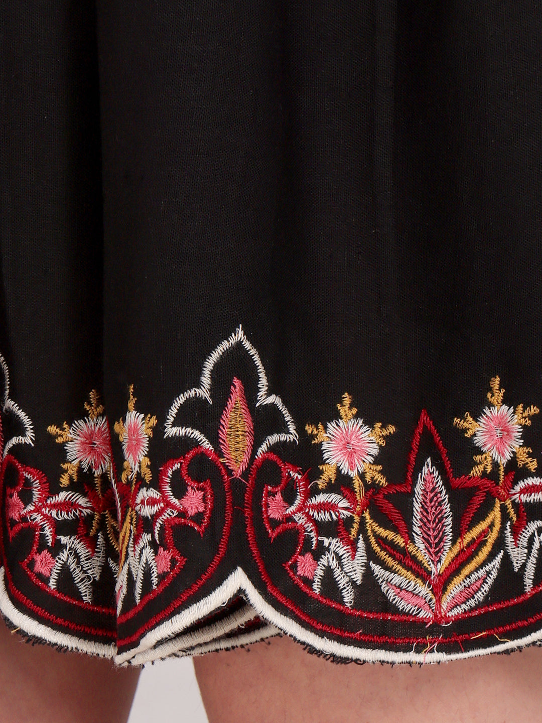 Black Embroidered Boho Mini Dress With Floral Details