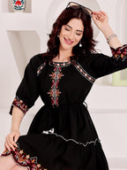 Black Embroidered Boho Mini Dress With Floral Details