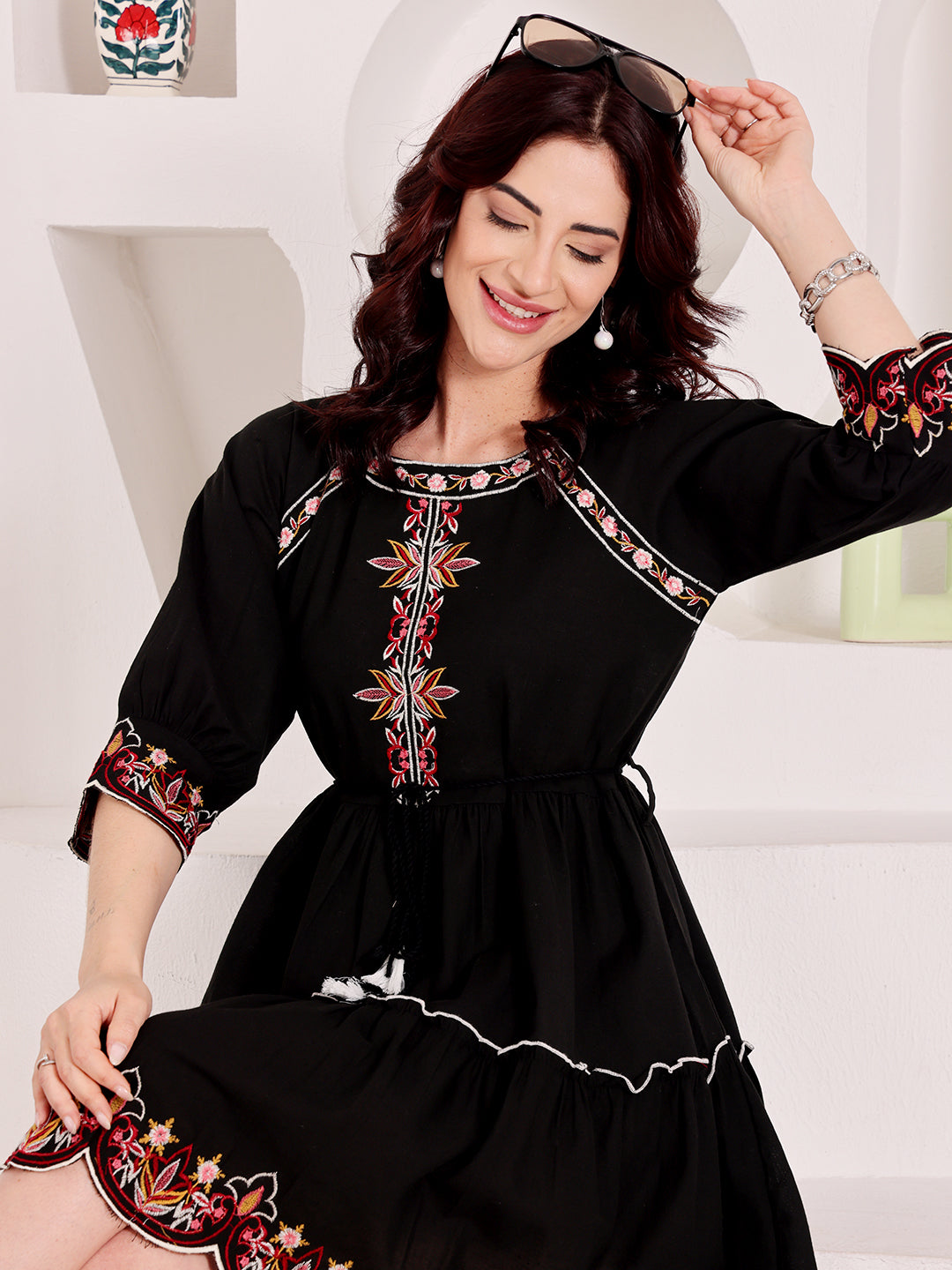 Black Embroidered Boho Mini Dress With Floral Details