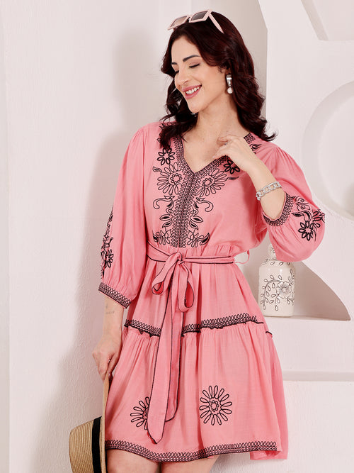 Coral Pink Floral Embroidered Mini Dress With Tie-Up Waist