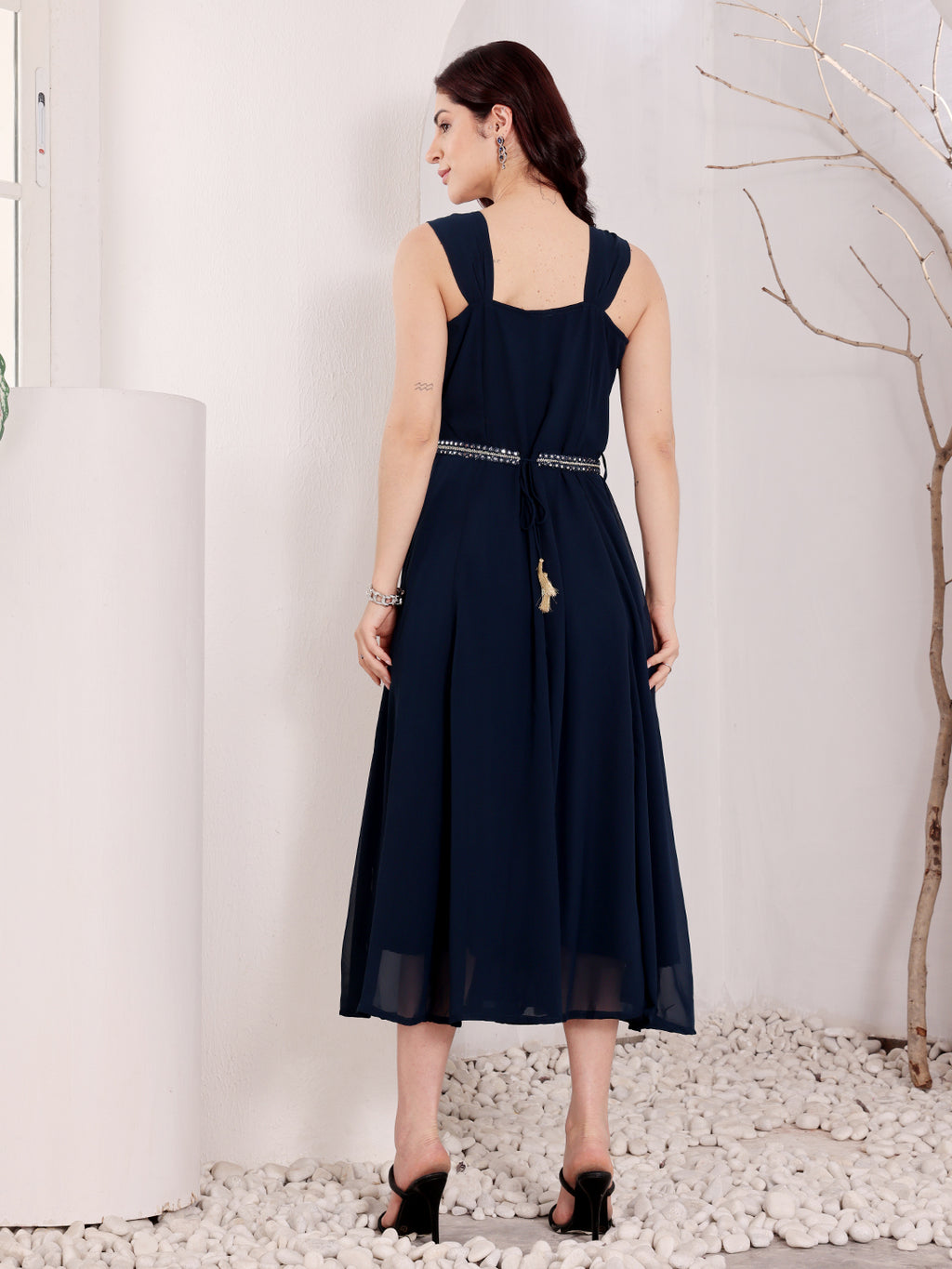 Navy Blue Embroidered Midi Dress With Belt For Women
