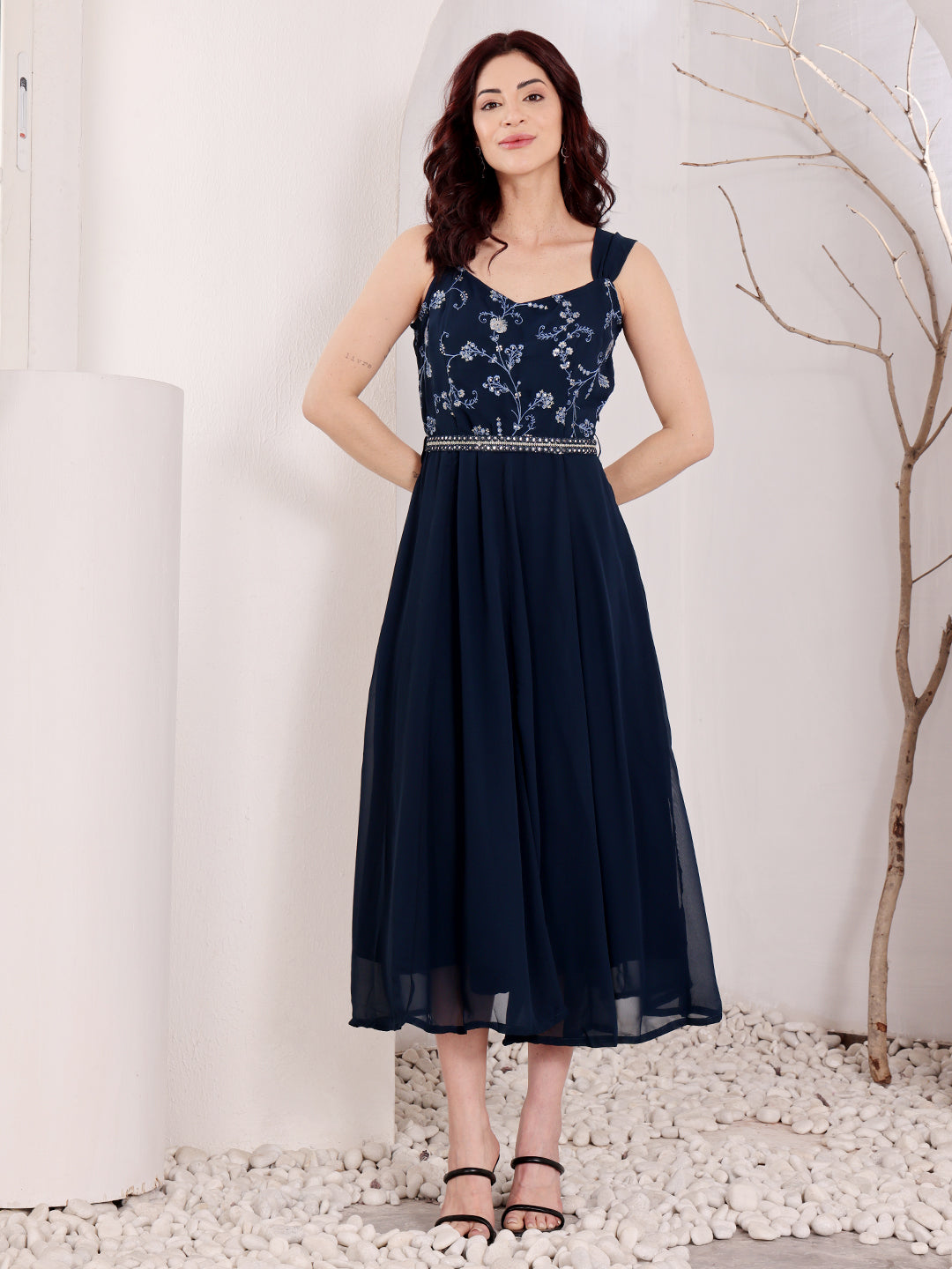 Navy Blue Embroidered Midi Dress With Belt For Women