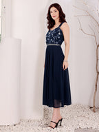 Navy Blue Embroidered Midi Dress With Belt For Women