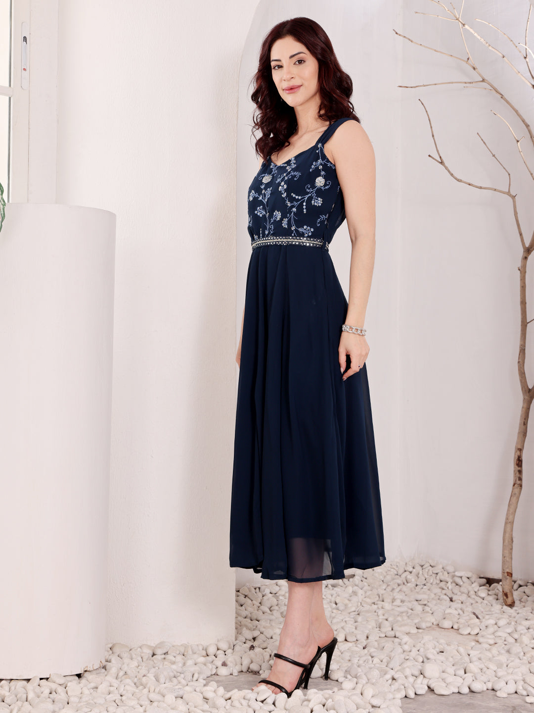 Navy Blue Embroidered Midi Dress With Belt For Women