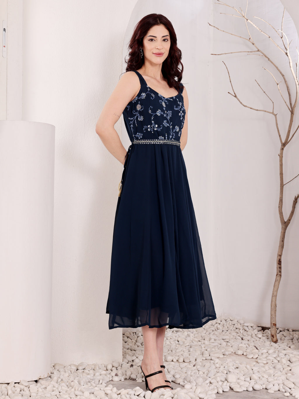 Navy Blue Embroidered Midi Dress With Belt For Women