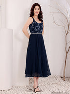 Navy Blue Embroidered Midi Dress With Belt For Women