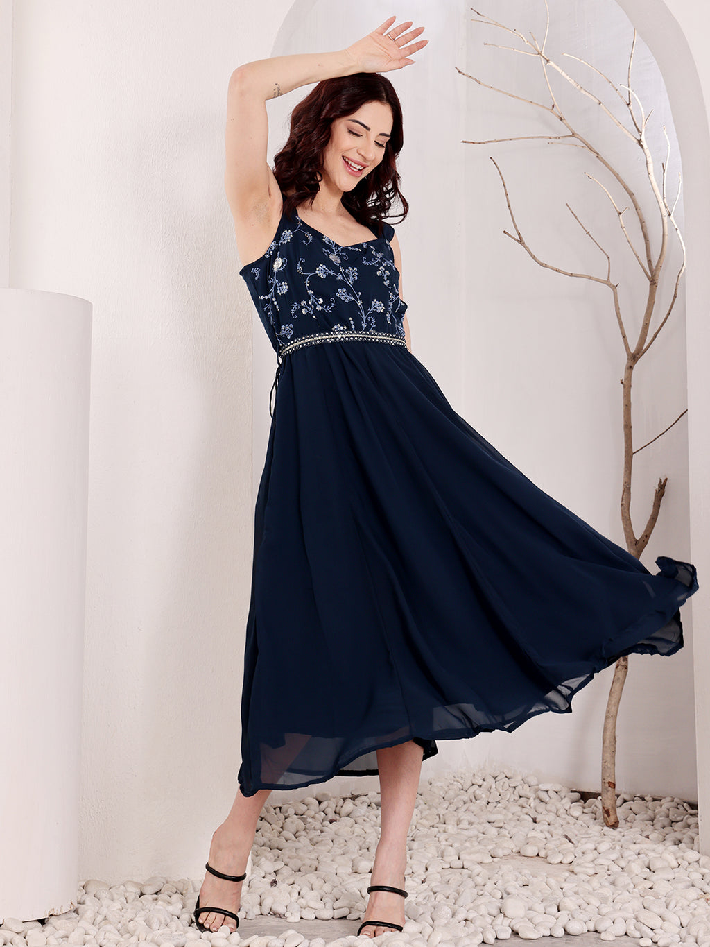 Navy Blue Embroidered Midi Dress With Belt For Women