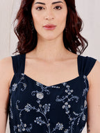 Navy Blue Embroidered Midi Dress With Belt For Women