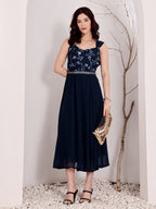 Navy Blue Embroidered Midi Dress With Belt For Women