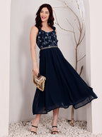Navy Blue Embroidered Midi Dress With Belt For Women