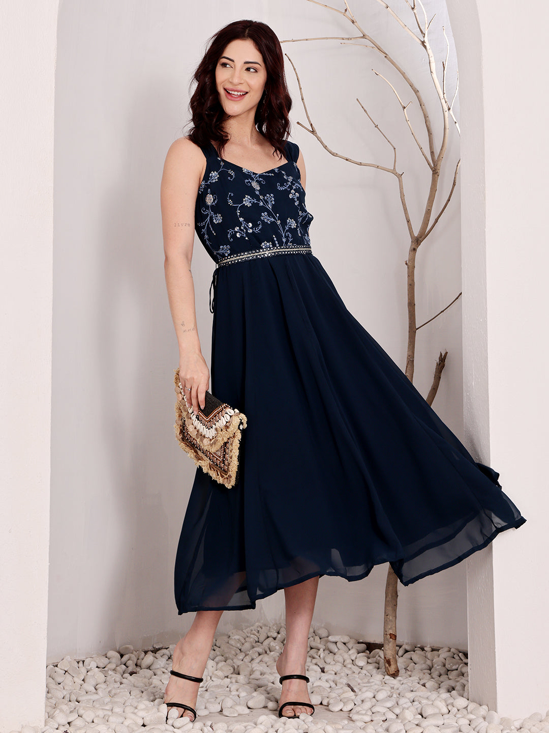 Navy Blue Embroidered Midi Dress With Belt For Women