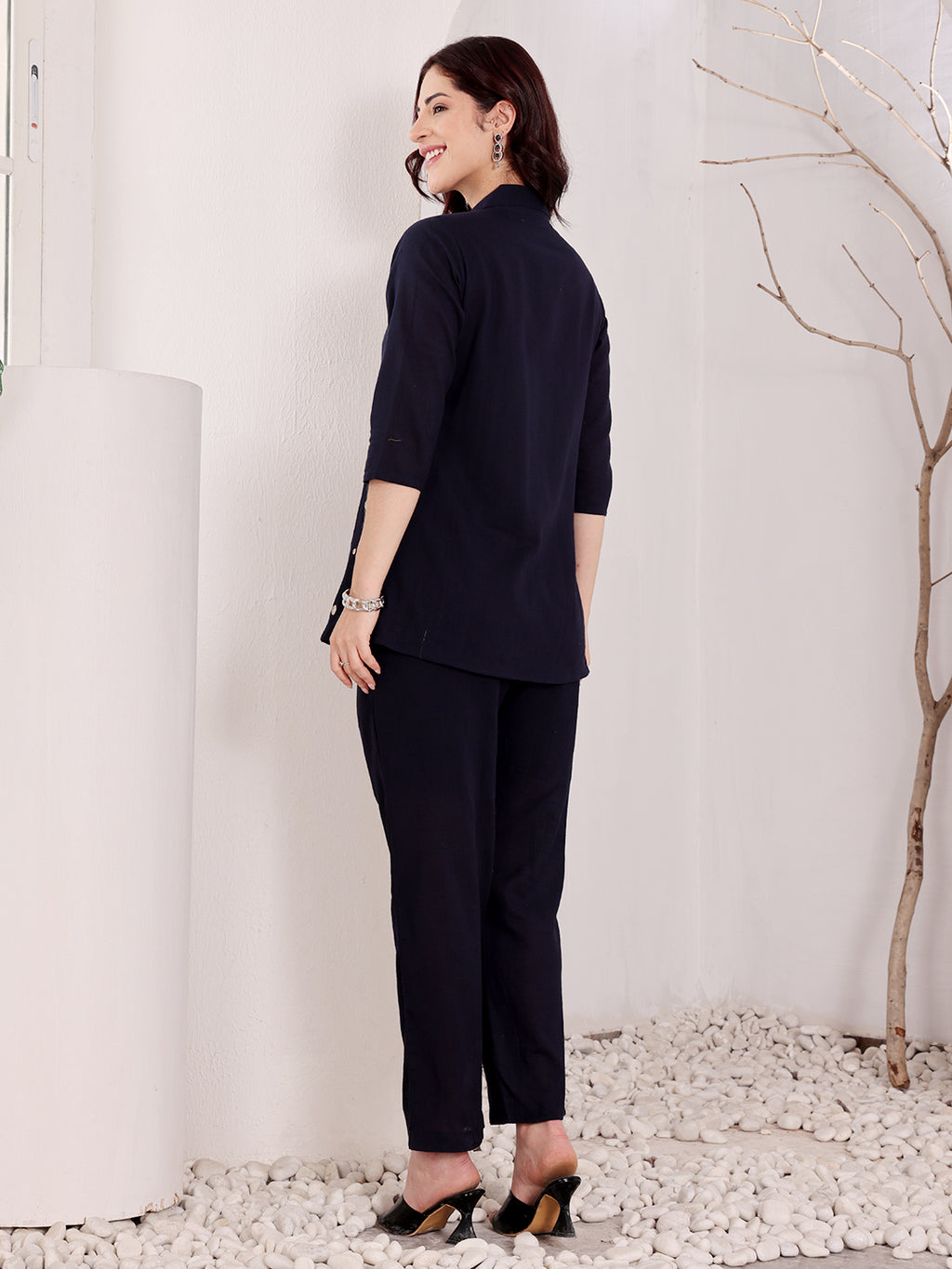 Navy Blue Mirror Work Embellished Top With Pants Women's Ethnic Co-Ord Set