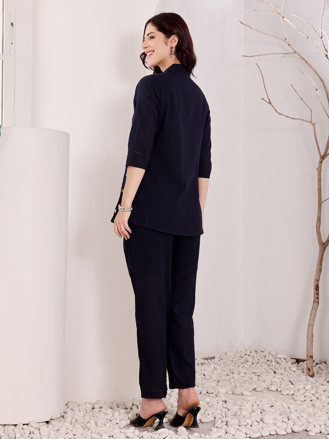Navy Blue Mirror Work Embellished Top With Pants Women's Ethnic Co-Ord Set
