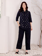 Navy Blue Mirror Work Embellished Top With Pants Women's Ethnic Co-Ord Set
