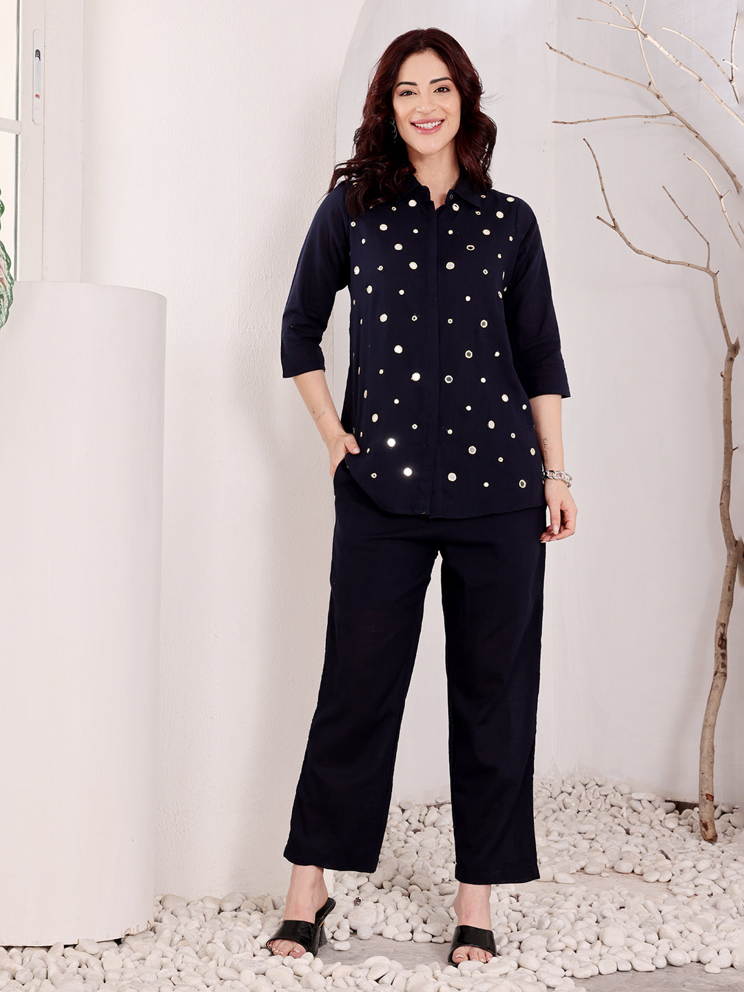 Navy Blue Mirror Work Embellished Top With Pants Women's Ethnic Co-Ord Set