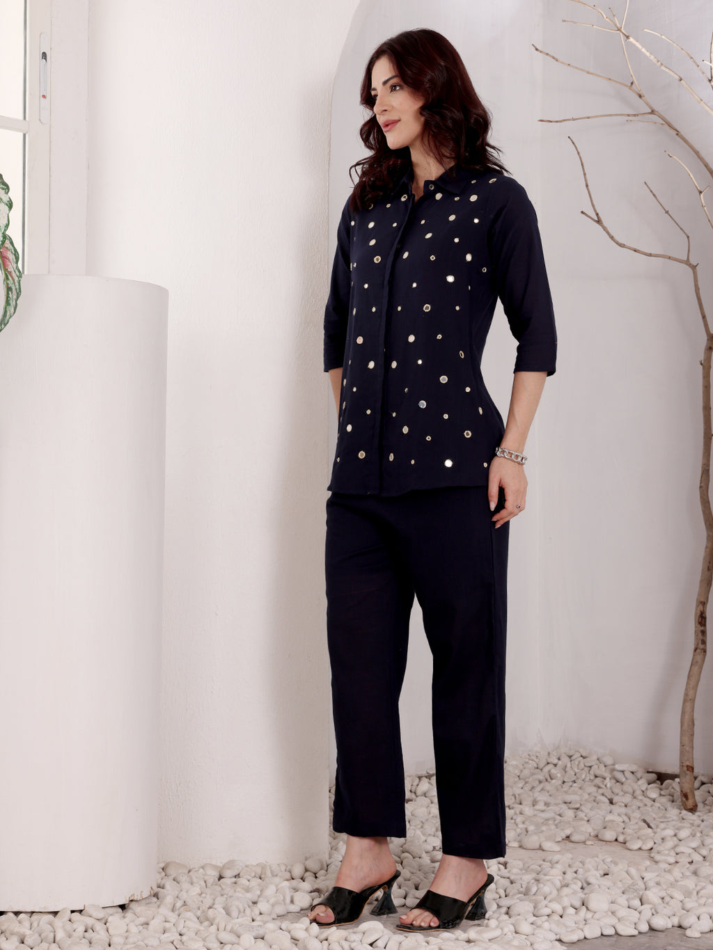 Navy Blue Mirror Work Embellished Top With Pants Women's Ethnic Co-Ord Set