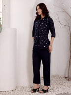 Navy Blue Mirror Work Embellished Top With Pants Women's Ethnic Co-Ord Set