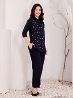 Navy Blue Mirror Work Embellished Top With Pants Women's Ethnic Co-Ord Set