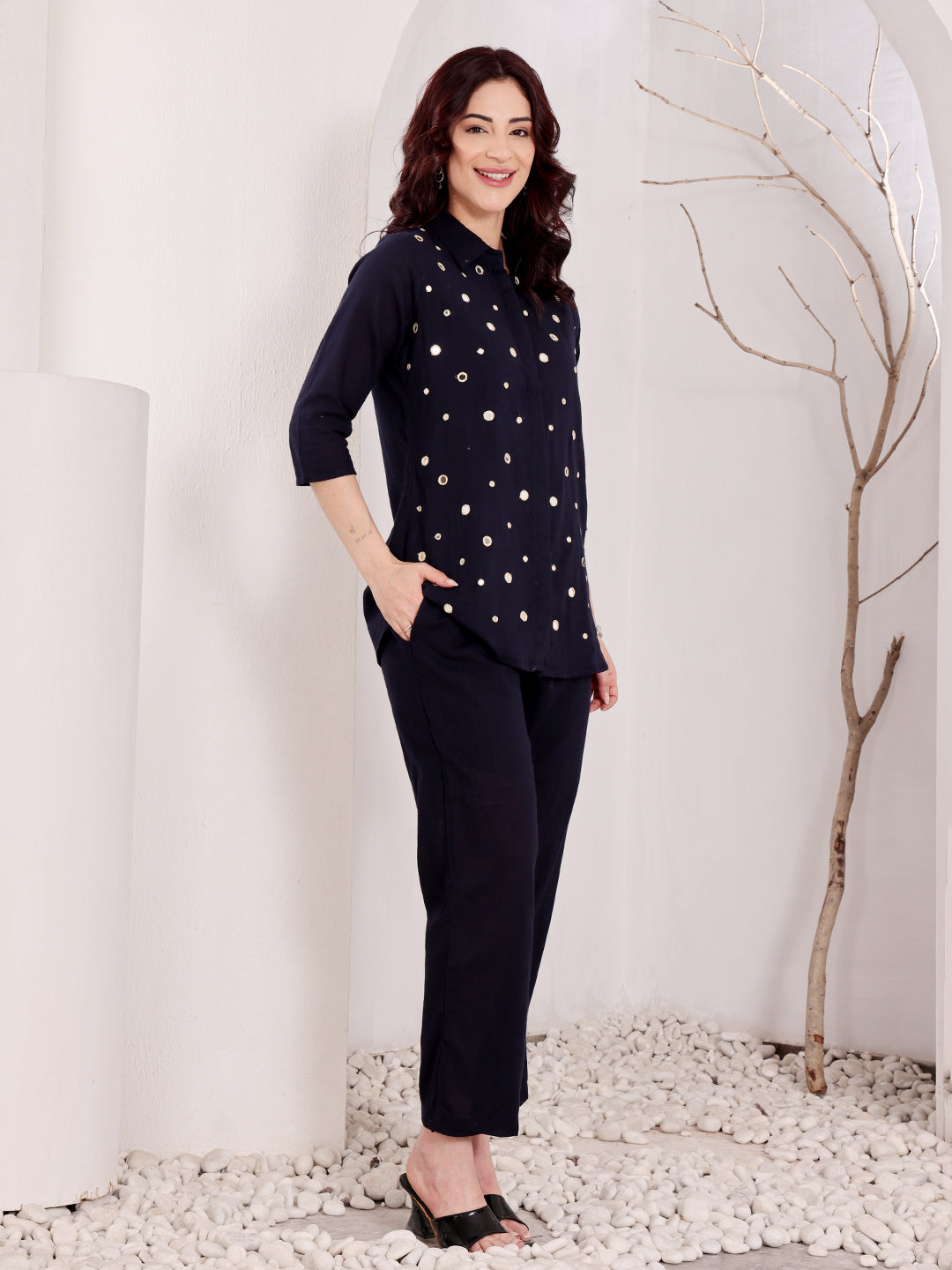 Navy Blue Mirror Work Embellished Top With Pants Women's Ethnic Co-Ord Set