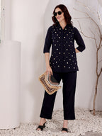 Navy Blue Mirror Work Embellished Top With Pants Women's Ethnic Co-Ord Set
