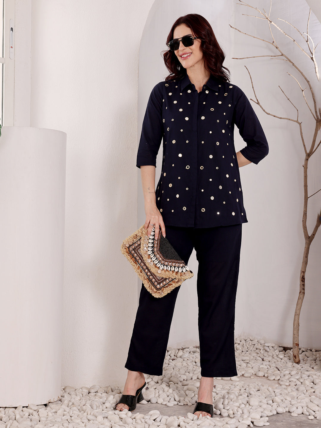 Navy Blue Mirror Work Embellished Top With Pants Women's Ethnic Co-Ord Set