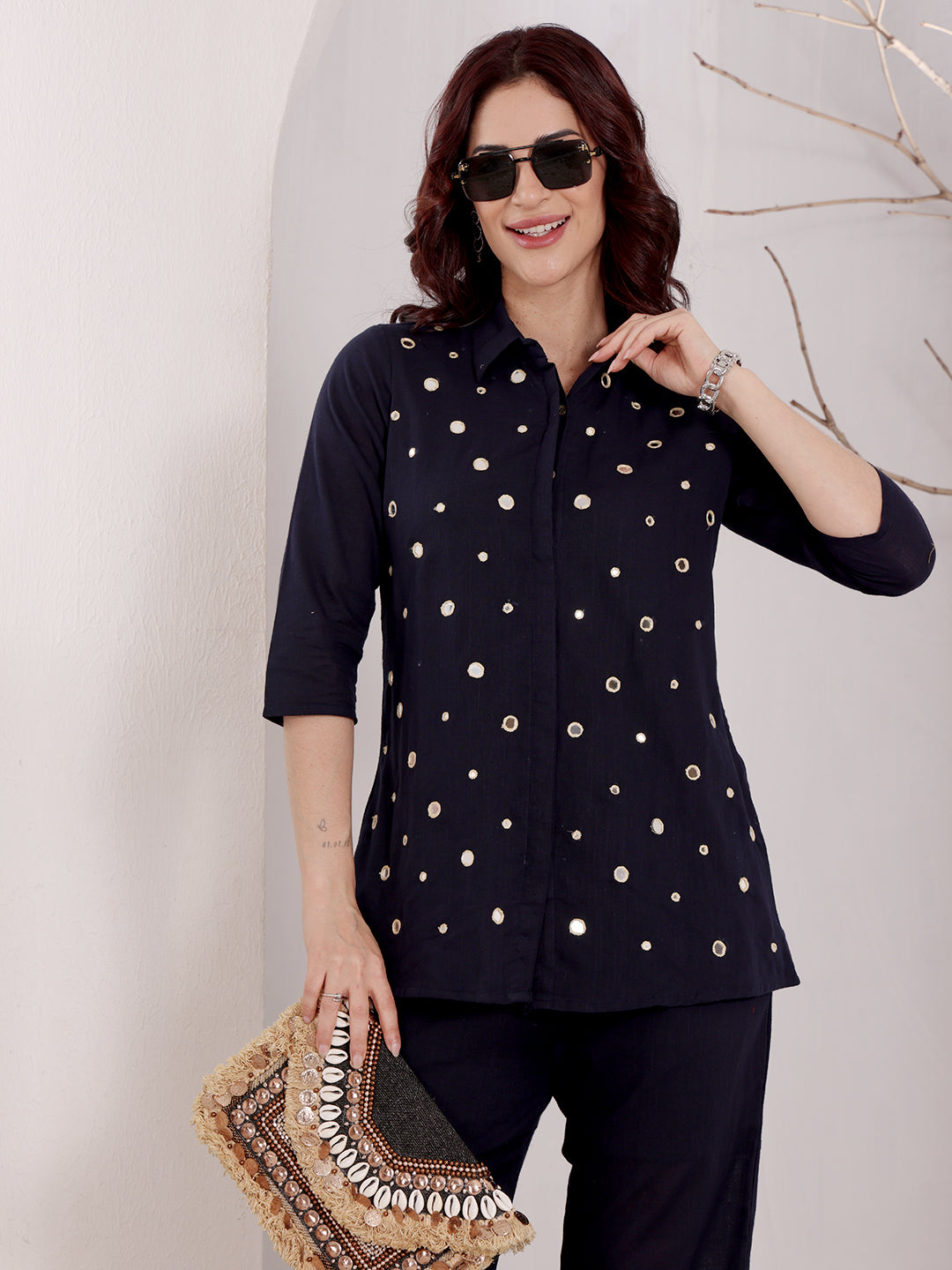 Navy Blue Mirror Work Embellished Top With Pants Women's Ethnic Co-Ord Set