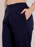 Navy Blue Embroidered Butterfly Cotton Kurta Set For Women