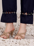 Navy Blue Embroidered Butterfly Cotton Kurta Set For Women