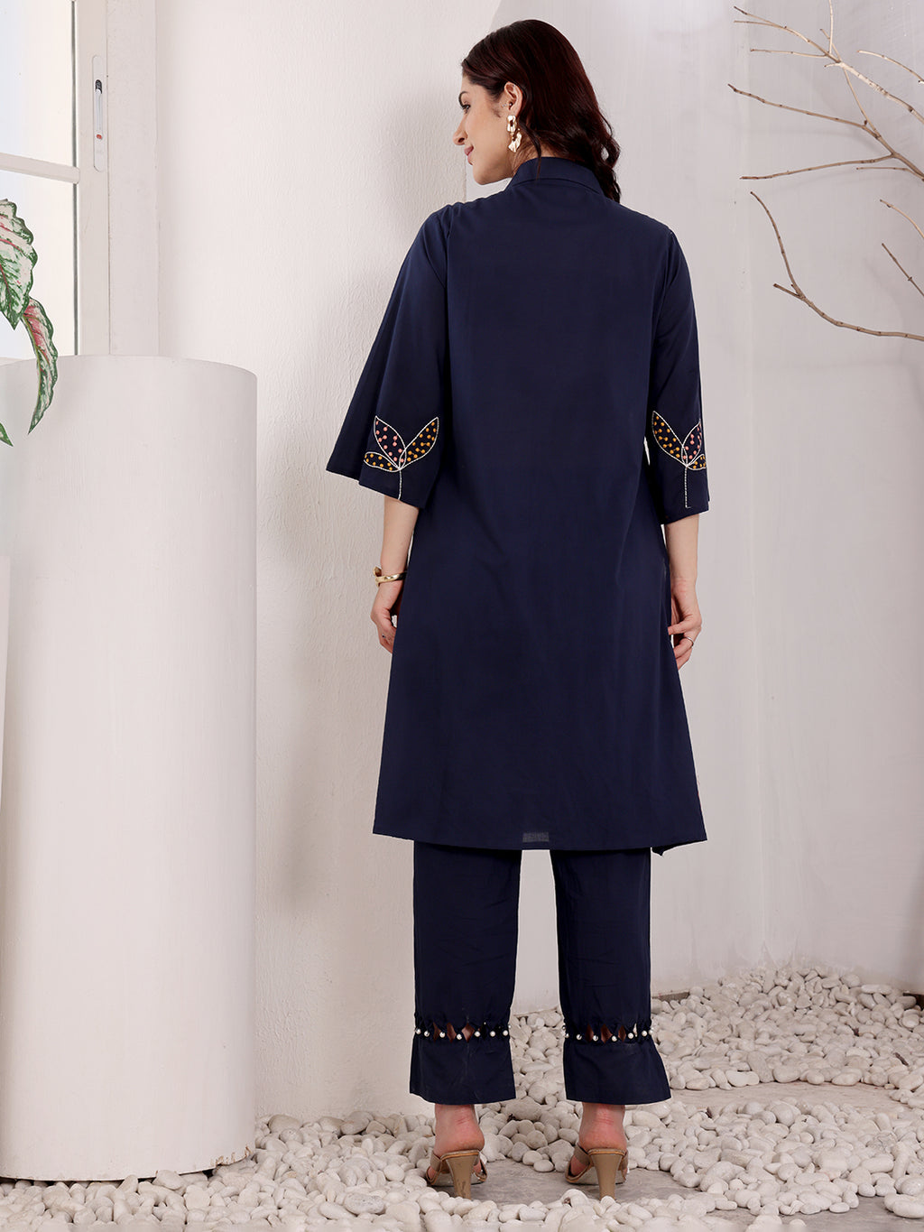 Navy Blue Embroidered Butterfly Cotton Kurta Set For Women
