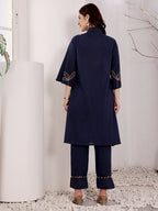 Navy Blue Embroidered Butterfly Cotton Kurta Set For Women