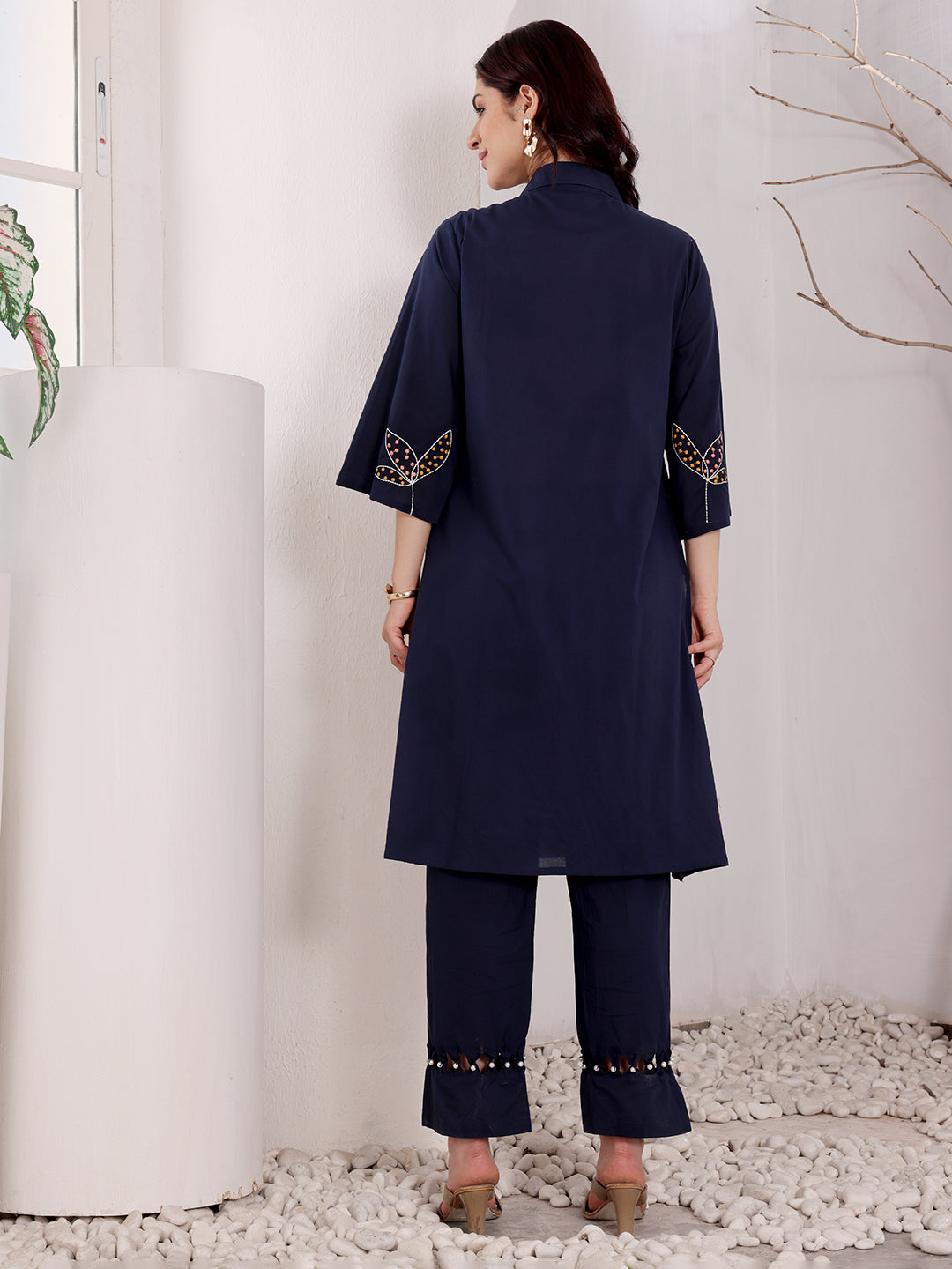 Navy Blue Embroidered Butterfly Cotton Kurta Set For Women